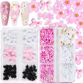 Nail Charms, 3D Bow Nail Charms, Flower for Nails Mixed Rhinestones Manicure Kit, Pink White Nail Flowers and Bow Nail Gems and Charms with Gold Silver Pearls DIY Nail Art Decorations