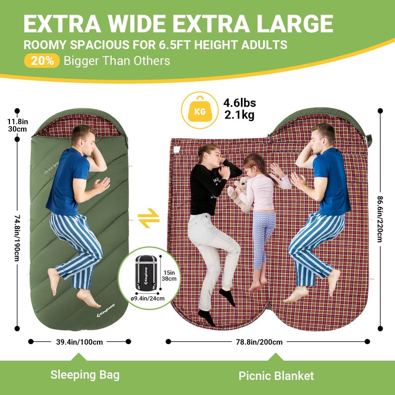 KingCamp Sleeping Bag for Adults, Extra Wide Flannel Sleeping Bag