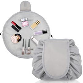 Sahunfri Lazy Drawstring Makeup Bag for Women,Flat Lay Cosmetic Makeup Bag for Cosmetics, Makeup Tools,Travle Pouch Storage Organiser (Grey)