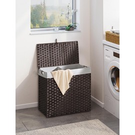 Greenstell Laundry Hamper with lid, No Install Needed, 130L Wicker Laundry Baskets Foldable 2 Removable Liner Bags, 2 Section Clothes Hamper Handwoven Rattan Laundry Basket with Handles, Brown