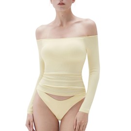 SUUKSESS Women Padded Off The Shoulder Tops Ribbed Long Sleeve Shirts Fall Basic Going Out Tops (Butter Yellow,S)