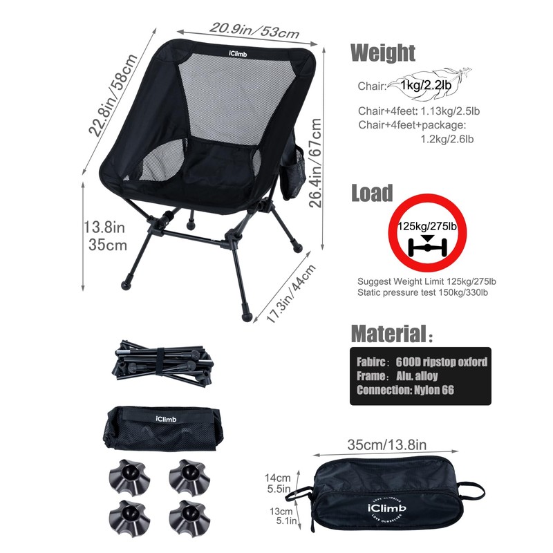 iClimb Ultralight Compact Camping Folding Beach Chair with Anti-Sinking Large