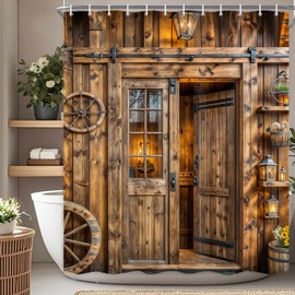 Drgilau Rustic Barn Door Shower Curtain, Farmhouse Door Shower Curtain Brown Western Bathroom Curtains Decor Waterproof Retro Farm Wood Bathroom Curtains with Hooks 72X72 Inch