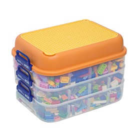 MJLDPOY 3 Layers Toy Organizer Box, Adjustable Compartments Building Blocks Storage Box, Clear Plastic Stackable with Baseplate Lids Organizer Chest Case (Orange, 3 Layers)