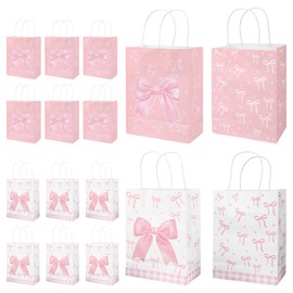 50 Pcs Pink Bow Plastic Gift Bags, Candy Goodie Presents Treat Retail Shopping Coquette Bow Party Favor Snack Bags for Birthday Bridal Shower Engage Wedding Sweet Party Supplies