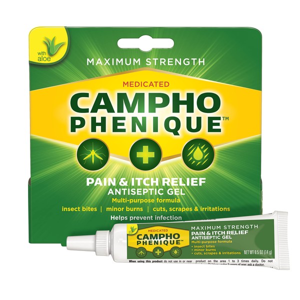 Campho-Phenique Maximum Strength Antiseptic Gel, Pain Relief and Anti-Itch Treatment, Instant Relief from Bug Bites, Minor Cuts and Skin Irritations, 0.5 Oz