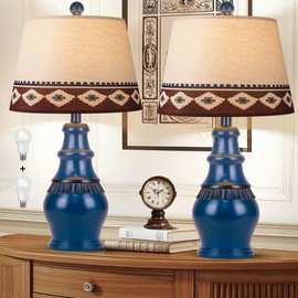 Hamucd Farmhouse Rustic Table Lamps Set of 2 for Living Room,3-Color Temperature Dimmable Southwest Bedroom Nightstand Lamps for Tribal Decor,Native American Bedside Lamp with 2 Bulbs