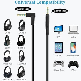 QC35/QC25 Replacement Cord 2.5mm to 3.5mm Cable with Reusable Cable Tie, Headphone Audio AUX Wire Compatible with Bose QuietComfort 35 II, QC45/QC35/QC25, NC700/OE2/SoundLink/SoundTrue Headphones