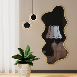 osemy Irregular Wall Mirror Wavy Mirror Asymmetrical Shaped Mirror Aluminum Alloy Framed Big Unique Full Length Mirror for Living Room Bathroom Bedroom Entryway Fireplace (Gold, 47"x21")