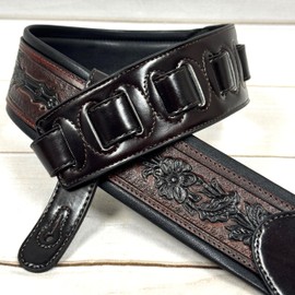 Walker and Williams KB-02-BT Handmade Dark Oxblood Brown Carving Leather Padded Guitar Strap With Black Floral Skull & Christian Cross For Acoustic, Electric And Bass Guitars