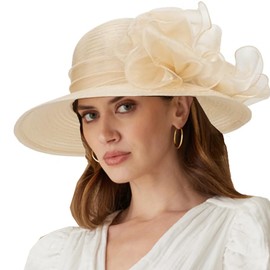 IZUS Women Organza Kentucky Straw Hat,Flower Band Brim Derby Sun Hat Bridal Wedding Fascinator Tea Party Church Hat, Champagne Gold, Medium