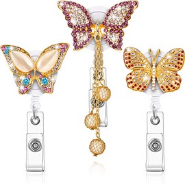 3 Pieces Butterfly Badge Reels Retractable Rhinestone Badge Holders Butterfly Name Tag Holder Reels with Alligator Clips and Belt Clips for Nurses Teachers Students Volunteers and Employees