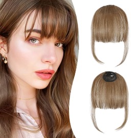 mtuihfo Clip in Fringe,Human Hair Fringe Clip in Hair Extensions,Bangs Hair Clip with Temples Hairpieces (Light Brown)