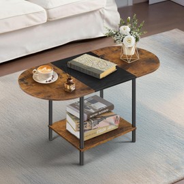 KANEODOT Small Coffee Tables for Living Room,Mid Century Oval Center Table with Storage Shelf and Wood Tabletop,2-Tier Farmhouse Narrow Cocktail Tea Table for Small Space,Small Apartment,Rustic Brown