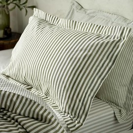Yard Hebden Mélange Stripe Pillowcases – 100% Cotton Breathable Oxford Edge Bedding (Olive - Pair)