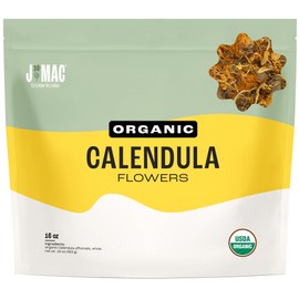 J Mac Botanicals, Organic Calendula Flower (16 ounce), whole dried flowers and petals, loose leaf tea, marigold flower, USDA Certified Organic. Great for loose leaf teas, cocktail bombs, salve