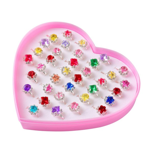 Toddmomy 36 Pieces Little Girls Adjustable Rings Jewelry Finger Rings Set with Heart Shape Box Girl Pretend Play and Dress up Rings for Girls Kids