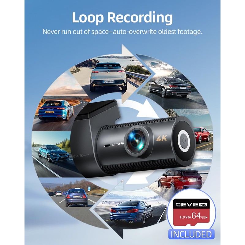 CIEVIE 4K Dash Cam Front and Rear Camera, 64GB SD