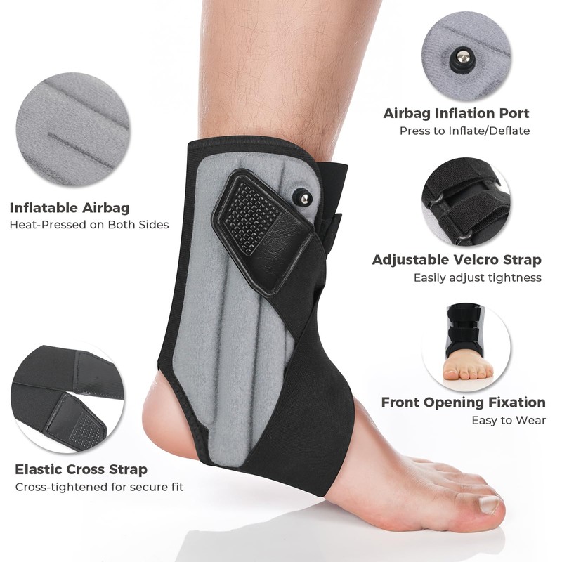 Inflatable Ankle Brace with Dual Airbag Support, Adjustable Compression Elastic