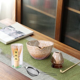 ＫＬＫＣＭＳ 5 Piece Matcha Bowl Set with Spout and Whisk Holder, Japanese Tea Tools, Brown