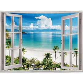 FENDROM Nature Tapestry Blue Ocean Sea Beach Wall Hanging Tropical Island Palm Tree Seaside Window for Bedroom Aesthetic Living Room College Dorm Home Decor
