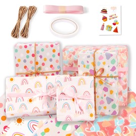 SYTHAK 8 Sheets Gift Wrapping Paper,Recyclable DIY Wrapping Paper with Flax Strings,Tape,Sticker and Rope for Kids Women Party Birthday Wedding Bridal Baby Showers Christmas Crafts Holidays.19.7"X27.5"