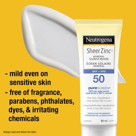 Neutrogena Sheer Zinc Mineral Sunscreen Lotion, Non-comedogenic, SPF 50, 88 mL Travel Size (Packaging may vary)