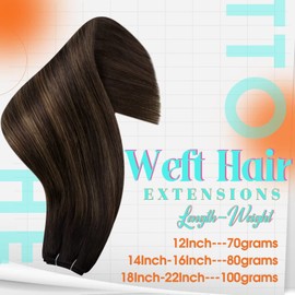 Hetto Real Hair Weft Extensions, Ombre Brown Weft Extensions, Real Hair, Natural Real Hair Weft Extensions, Ombre Darkest Brown to Ash Brown #2/8/2 80 g 40 cm