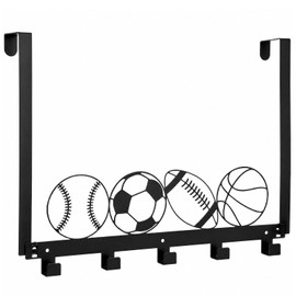 Ripeng Sports Ball Over the Door Hook Rack, Metal Basketball Football Baseball Soccer Wall Mounted Hanger for Bathroom Entryway Playroom, No Drill, Holds 45 Lbs, 16.3x10.3 Inch