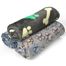 AlGuirnex 3 Pack Fleece Pet Blankets 75x54cm, Soft Sleep Mat for Cats & Small Dogs, Paw Bone Print, Washable, Ultra-Soft, Dark Colours