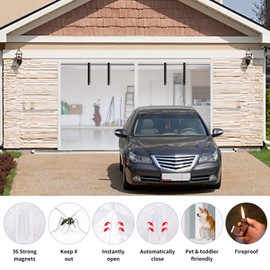 Garage Door Screen with 4 Strapping Tapes for 1 Car Garage 9x7ft, Fiberglass Mesh Door Screen with Closure Weighted Bottom, Durable Magnetic Heavy Duty Screen Door Curtain Cover Kit（White）