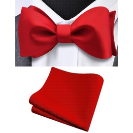 Gusleson Mens Retro Red Self Tied Bow Tie for Wedding Pure Color Plain Silk Bow tie Pocket Square Set (UK0685-04)