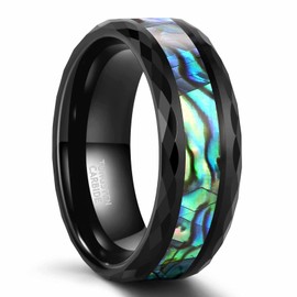 Frank S.Burton Tungsten Rings for Men Women Wedding Bands 8mm Abalone Shell Inlay Hammer Faceted Edge Black Ring Comfort Fit Size 11