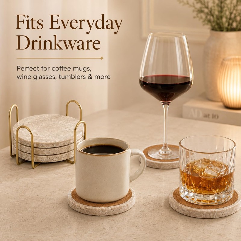 Travertine Coasters with Gold Holder, Set of 4 Natural Stone,