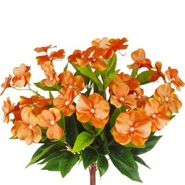 FAICOIA 2 Pcs Artificial Impatiens Flowers for Outdoors Silk Flowers Bushes Greenery Bouquet Orange Faux Impatiens for Outdoor Planters Patio Lawn Garden Pot Hanging Basket Porch Home Fall Decoration