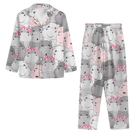 Panskyllis Baby Hippo Women's Long Sleeve Sleepwear Soft Button Down Pajamas Outfits Cozy Washable Loungewear Set 2 Pieces XS-4XL for Nightwear Party
