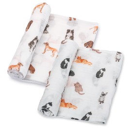 LollyBanks Baby Blankets 2 Pack, 100% Organic Cotton Muslin Swaddle Blankets for Boys and Girls, Soft and Breathable 47 x 47 Inches Newborn Receiving Blanket, Baby Essentials Must Haves (Cat and Dog)
