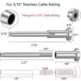 Kuahome T316 3/16" Stainless Steel Swage Threaded Tensioner End Fittings Cable Railing - 5 Pcs