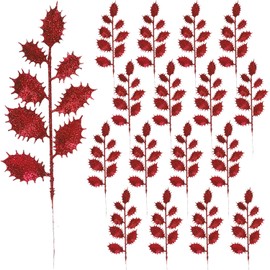 SPWOLFRT 16 Pcs Christmas Glitter Leaves Holly Leaves Stems 13.78" Artificial Holly Leaf Picks Sprays for Christmas Tree Wreath Garland DIY Crafts Table Xmas Centerpiece Home Decor (Red)