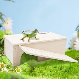 Large Bearded Dragon Hide Cave, Wooden Lizard Hideout with Climbing Ramp, Reptile Habitat with Basking Platform, Tank Accessories for Bearded Dragon Lizard Chameleon Hamster