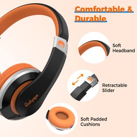 Rockpapa I20 Wired Headphones, Wired Headset On Ear Stereo Headphones with Microphone for Kids Children Adult, Adjustable Headband, Foldable Headphones for Travel/PC/Mac/Laptop/Phone (Black Orange)