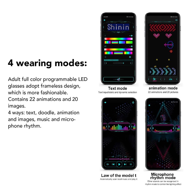LED Smart Glasses, Full Color Glow Glasses, Bluetooth APP Control,