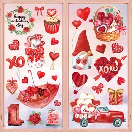 Whaline Valentine's Day Window Clings Watercolor Red Love Heart Gnome Truck Window Stickers Double-Side Glass Decals for Wedding Anniversary Party Supplies, 7.9 x 11.8 Inch, 9 Sheets