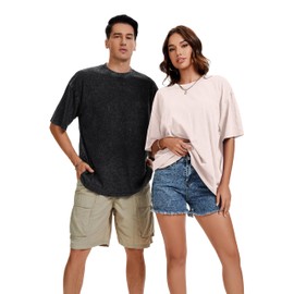 rosemia Oversized Tshirts for Men Vintage Short Sleeve Shirts Acid Wash Basic Tees, 2 Pcs, Black Beige, L