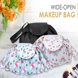 GECBEKK Barrel Drawstring Makeup Bag Large Cosmetic Bag Toiletry Organizer for Women (Flamingo Blue)