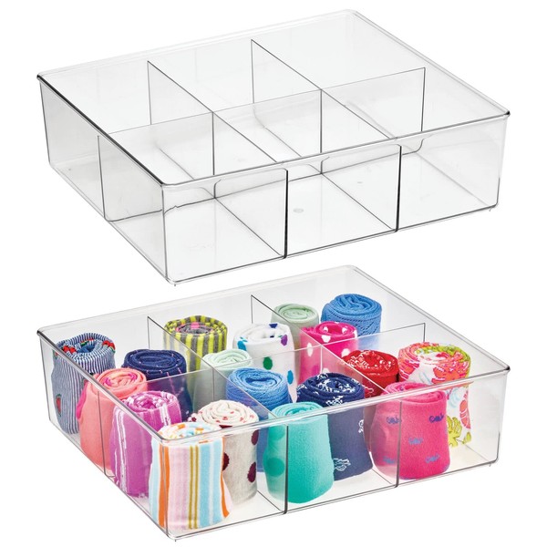mDesign Plastic 6 Compartment Dresser Drawer Divided Organizer Bin for Scarves, Socks, Bras, Hair Ties, Belts, Underwear - Closet Shelf Storage Organization, Lumiere Collection, 2 Pack, Clear