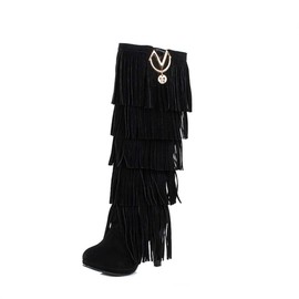 Bubumei Womens Fringe Tassel Stiletto Boots Faux Suede Moccasin High Heel Western Cowboy Knee High Boot Black
