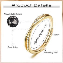 JeweBella Women's Ring 925 Silver Adjustable Cubic Zirconia Ring Silver/Gold/Rose Gold Minimalist Wedding Rings Engagement Ring Wedding Rings Finger Ring Women's Jewellery, Silver, Cubic Zirconia