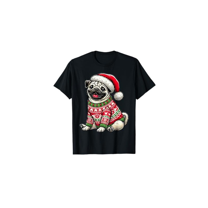 Dog Pug Ugly Sweater Santa Hat Christmas T-Shirt