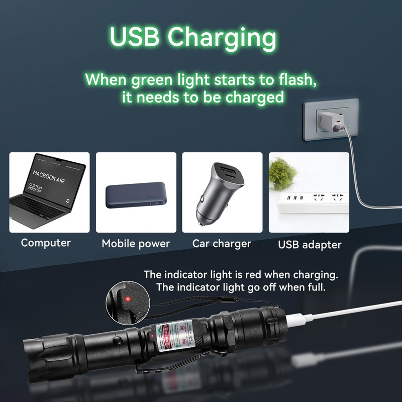 LETEAPII Green Light Flashlight Rechargeable, Long Range Adjustable Focus Tactical